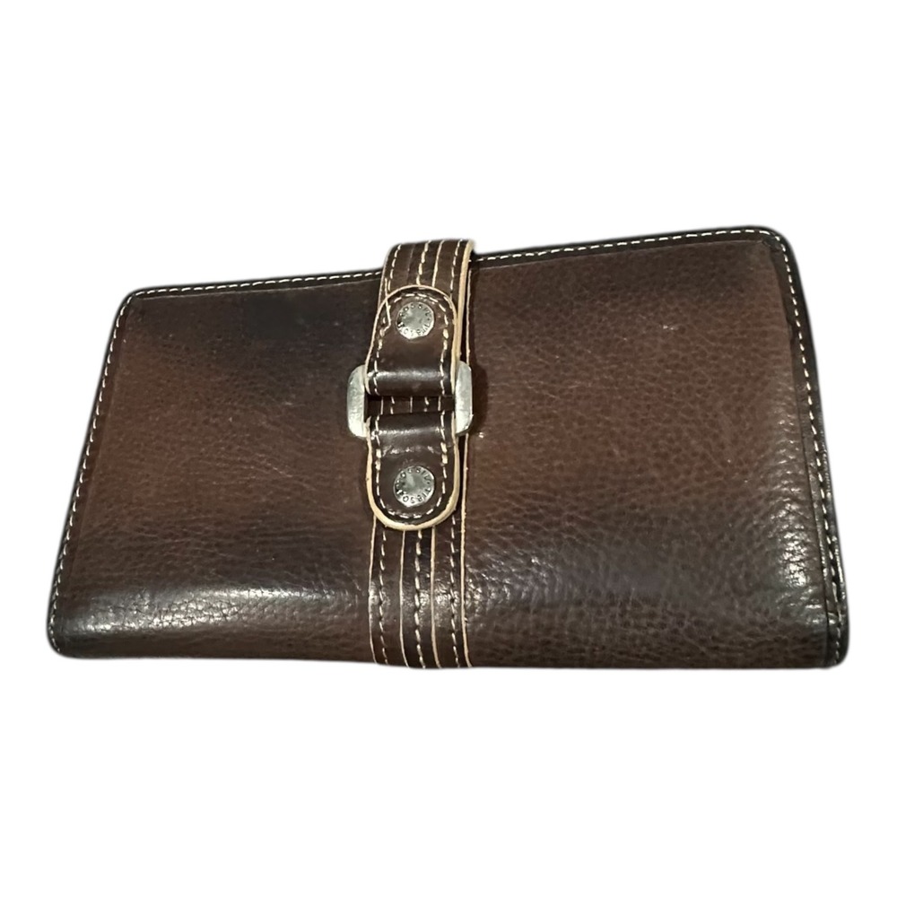 Fossil Brown Leather Organizer Wallet Continental Buckle Zip Pocket